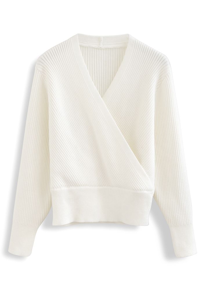 Tender Ribbed Knit Wrap Sweater in White