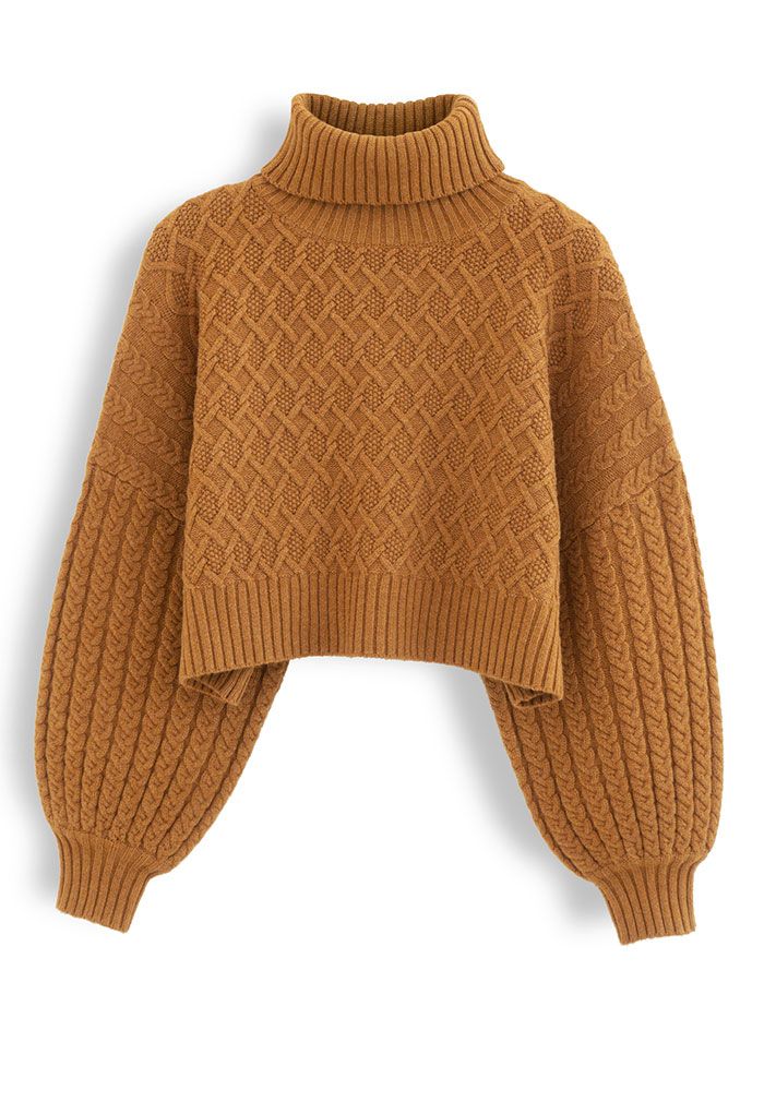 Turtleneck Cable Knit Cropped Sweater in Orange