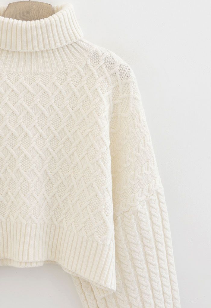 Turtleneck Cable Knit Cropped Sweater in Ivory