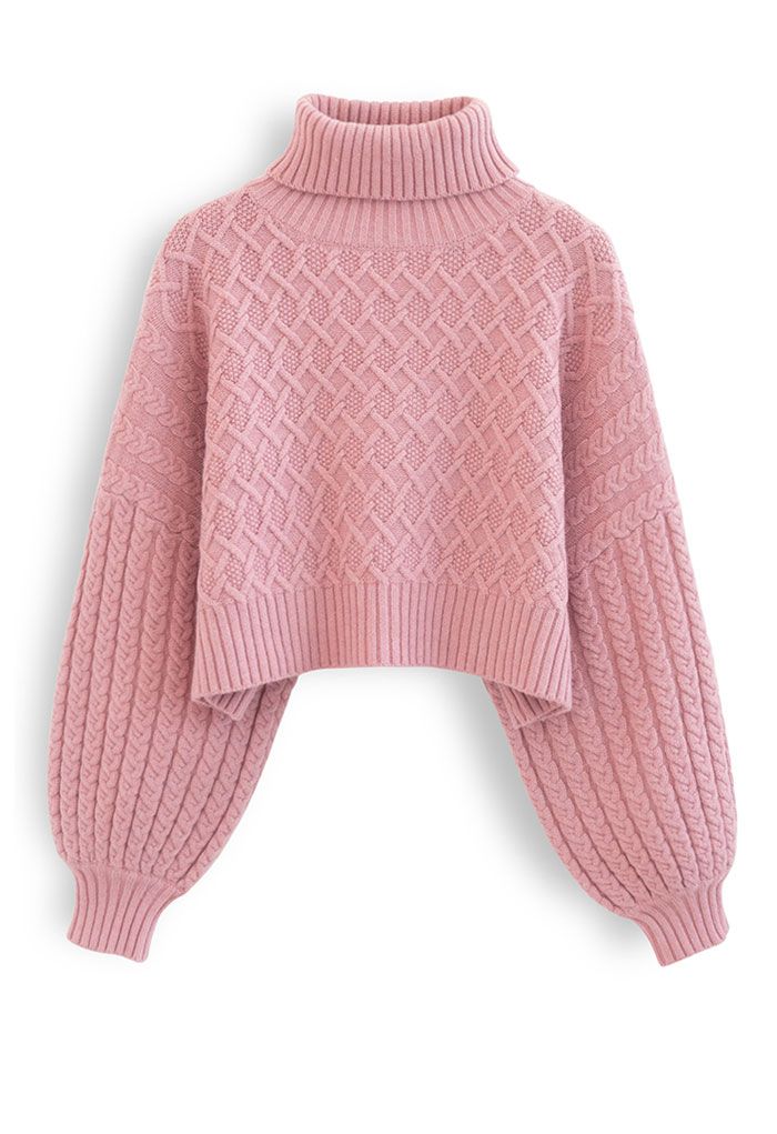 Turtleneck Cable Knit Cropped Sweater in Pink