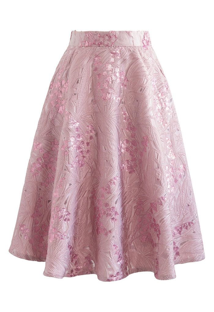 Harebell Embroidered Jacquard A-Line Midi Skirt in Pink