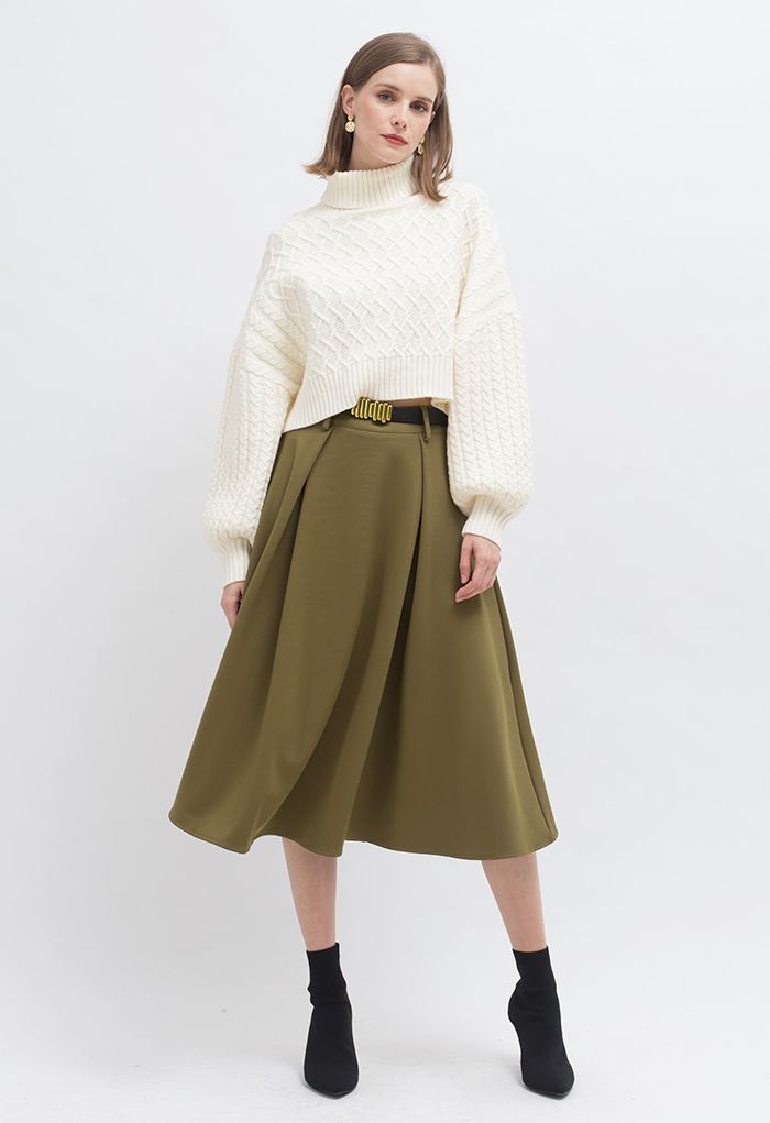 Turtleneck Cable Knit Cropped Sweater in Ivory