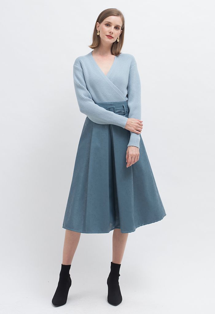 Textured Faux Leather Belted Pleated Skirt in Dusty Blue