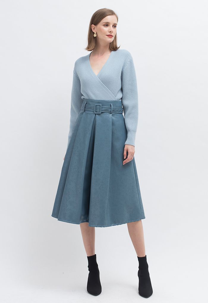 Textured Faux Leather Belted Pleated Skirt in Dusty Blue