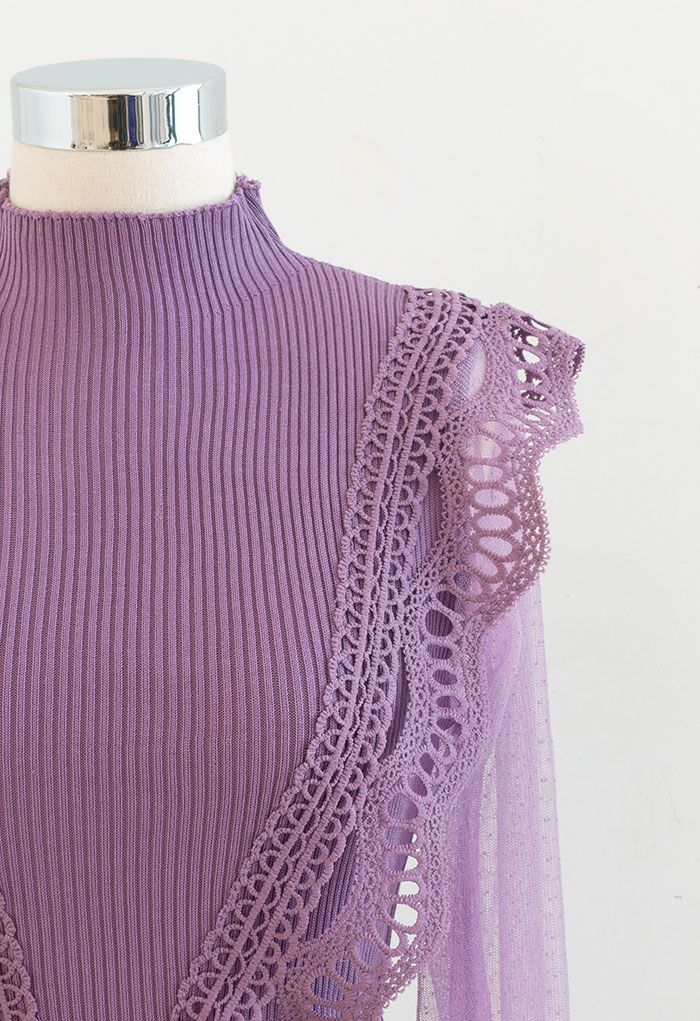 Scalloped Crochet Mesh Sleeves Knit Top in Purple