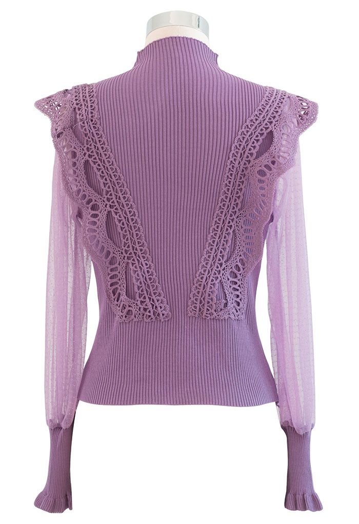 Scalloped Crochet Mesh Sleeves Knit Top in Purple