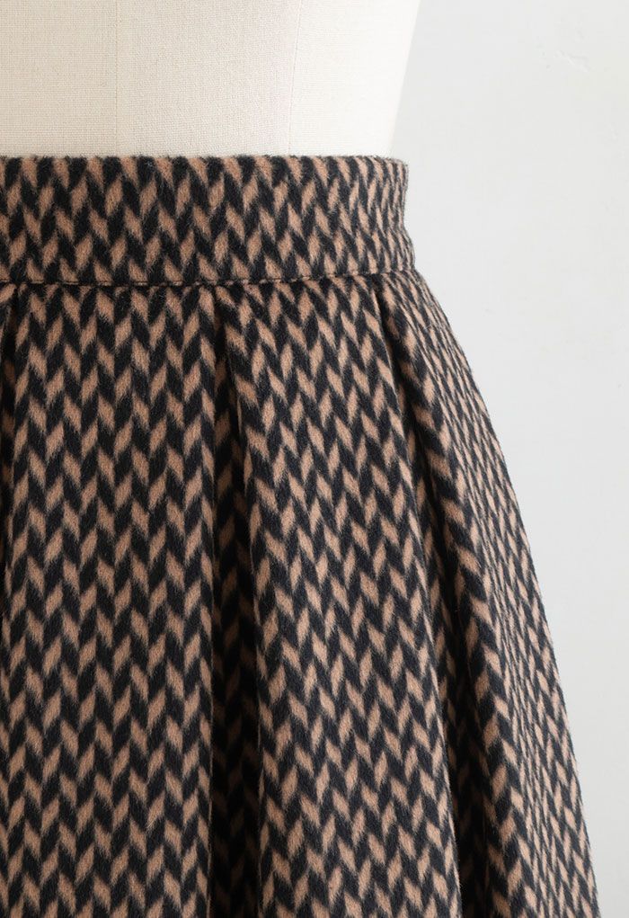 Diamond Print Wool-Blend Pleated Midi Skirt