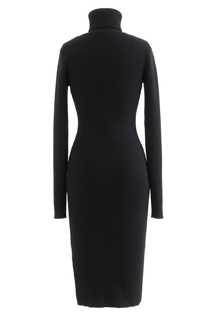 Pearl Decorated Turtleneck Bodycon Knit Dress in Black