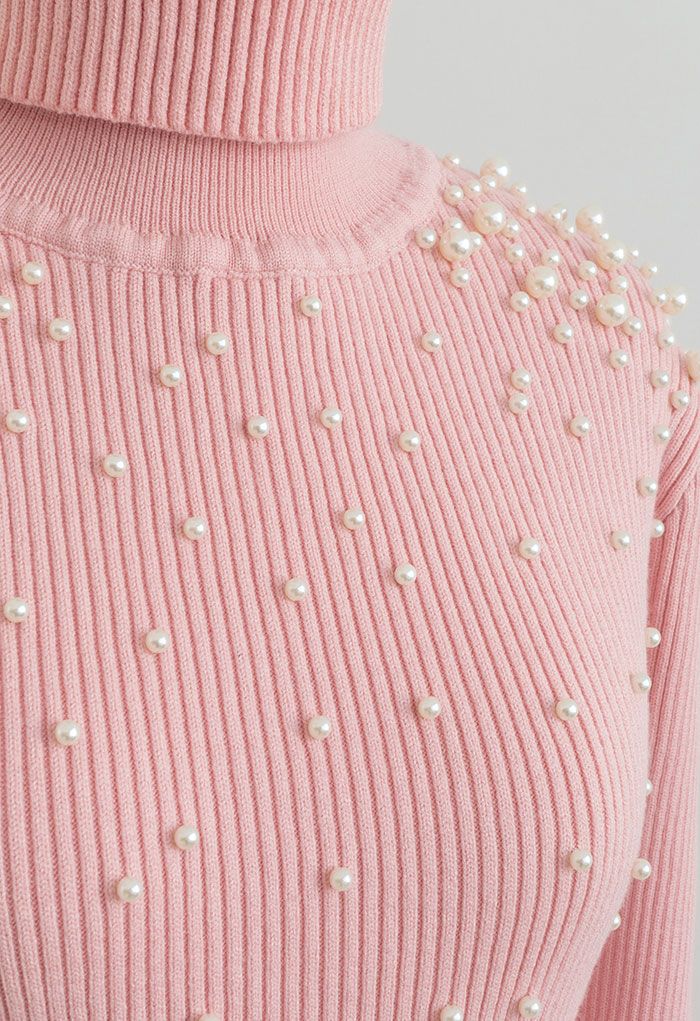 Pearl Decorated Turtleneck Bodycon Knit Dress in Pink