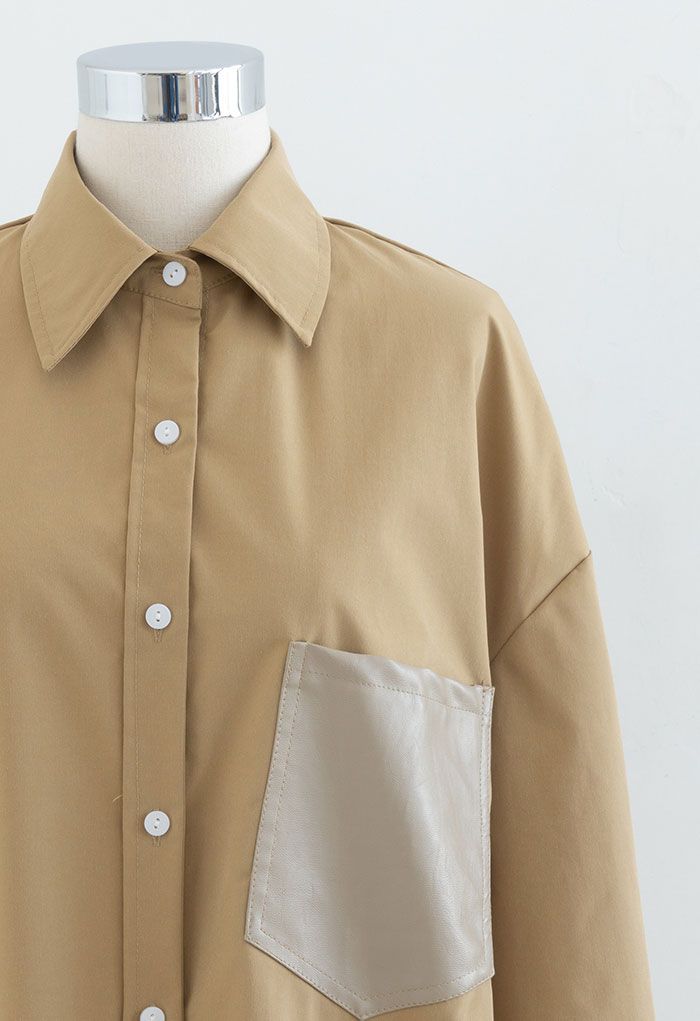 Faux Leather Pocket Button Down Shirt in Camel