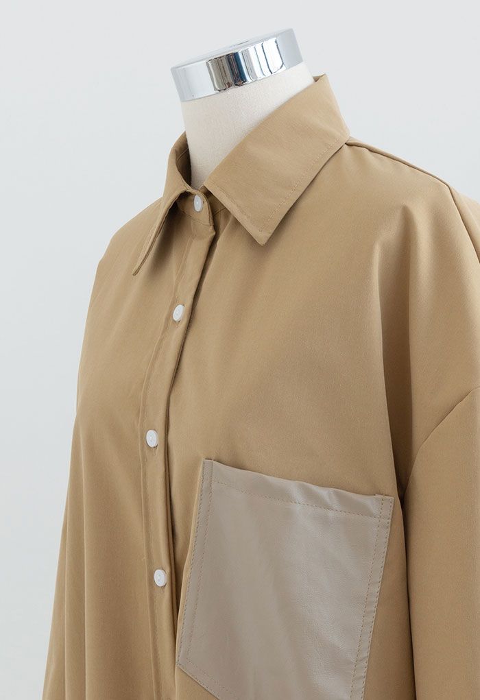 Faux Leather Pocket Button Down Shirt in Camel