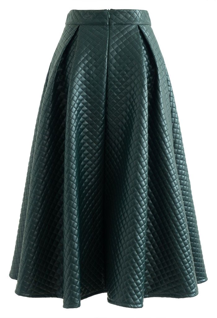Classic Quilted Faux Leather Midi Skirt in Dark Green - Retro, Indie ...