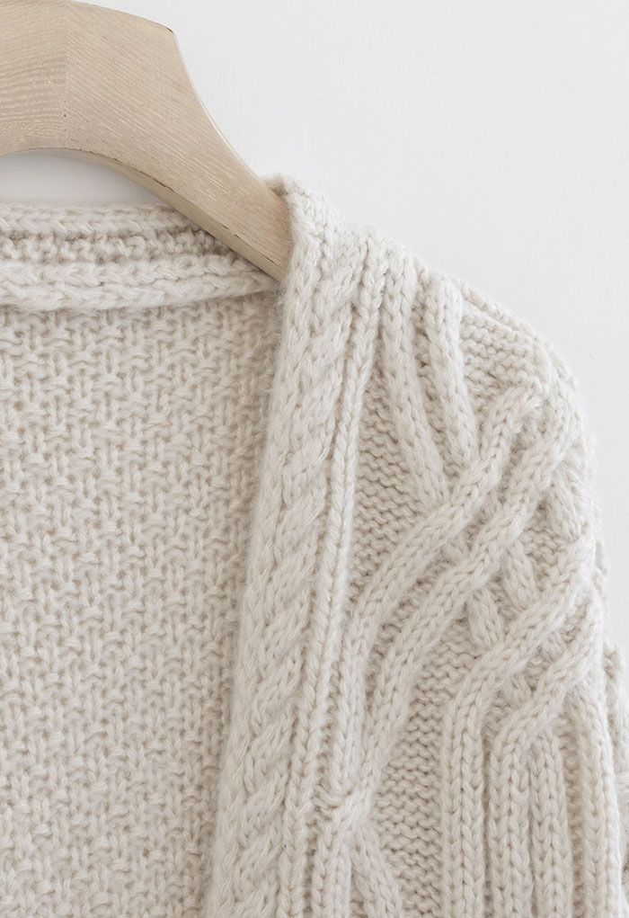Open Front Braid Knit Cardigan in Ivory