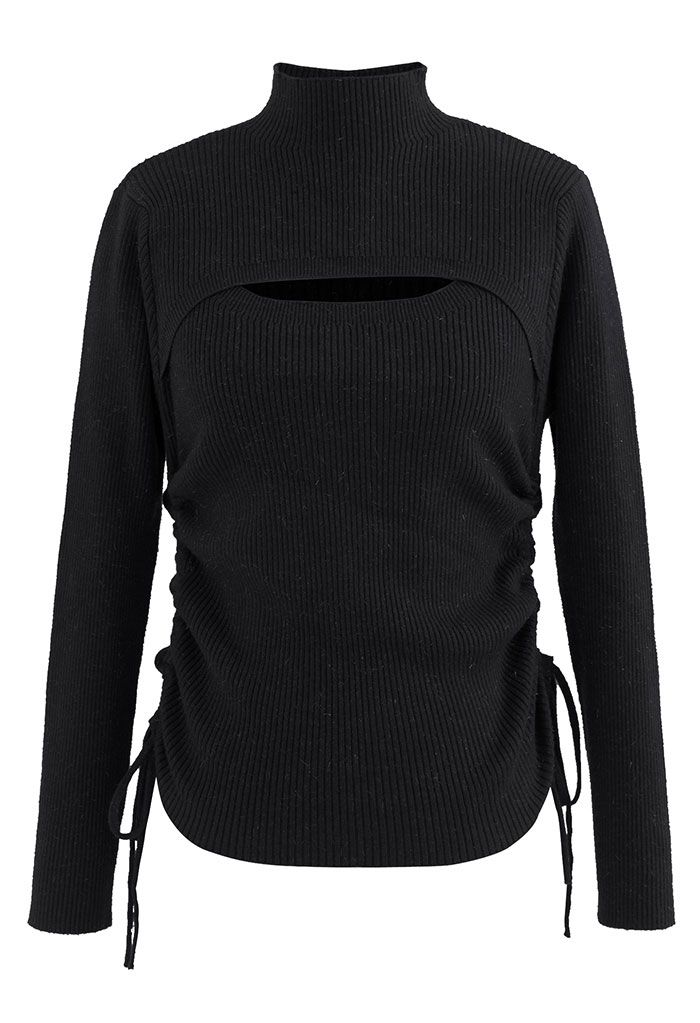 Side Drawstring Cutout Shimmer Knit Top in Black