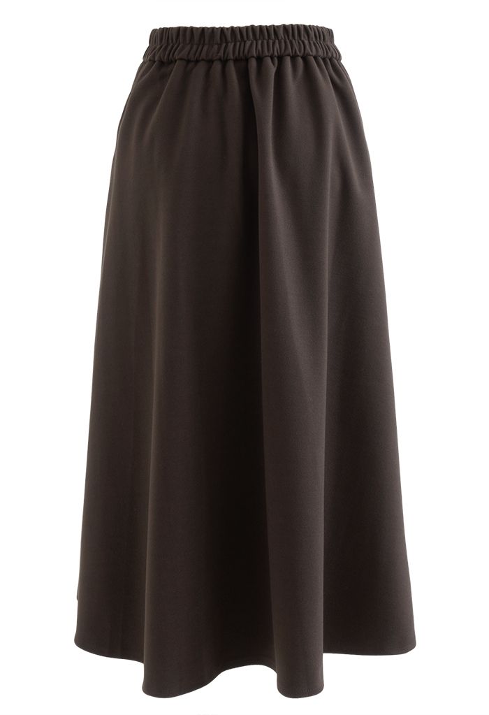 Fake Pocket Wool-Blend A-Line Skirt in Brown