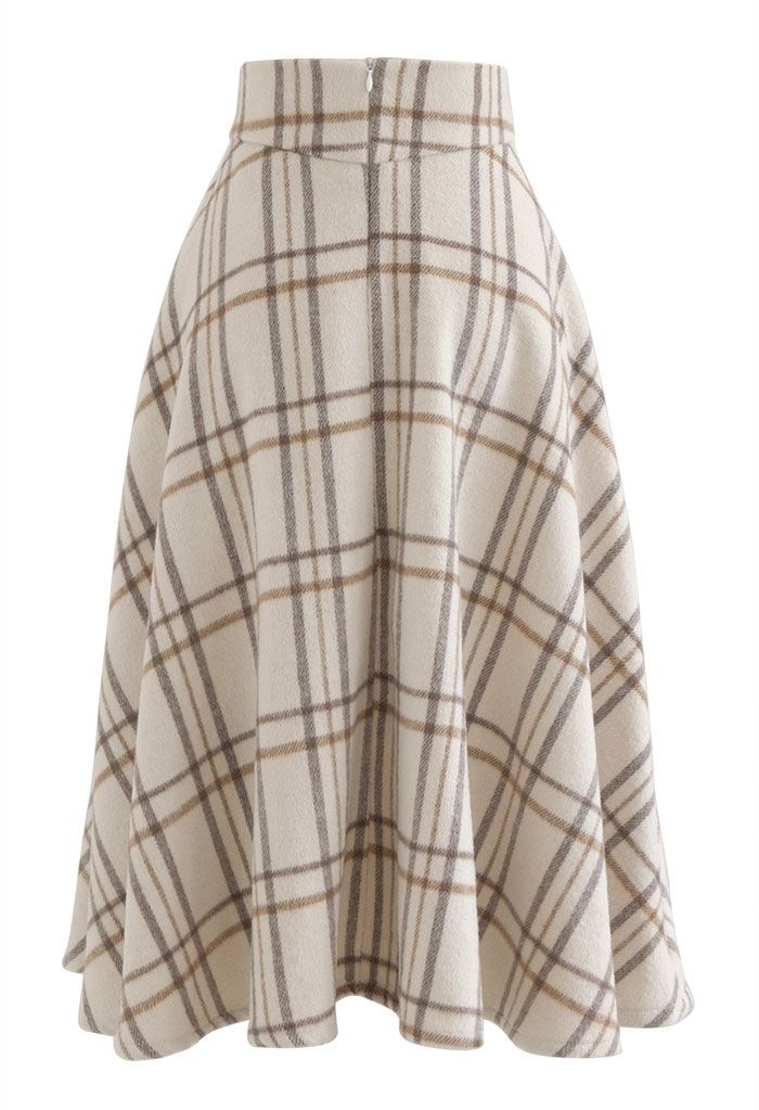 Multicolor Check Print Wool-Blend A-Line Skirt in Ivory