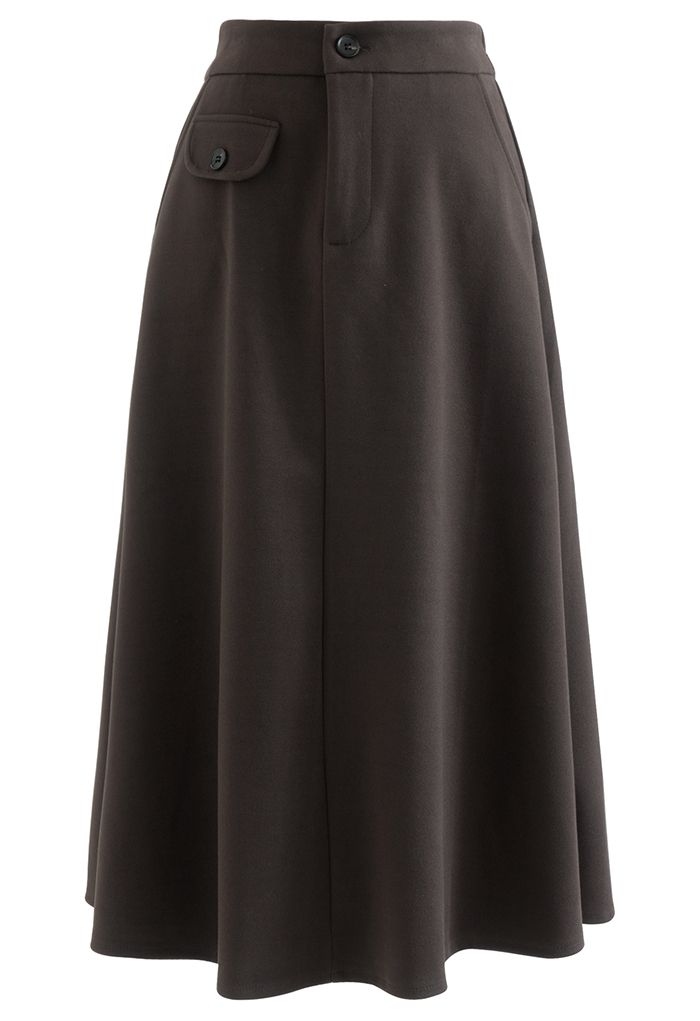 Fake Pocket Wool-Blend A-Line Skirt in Brown