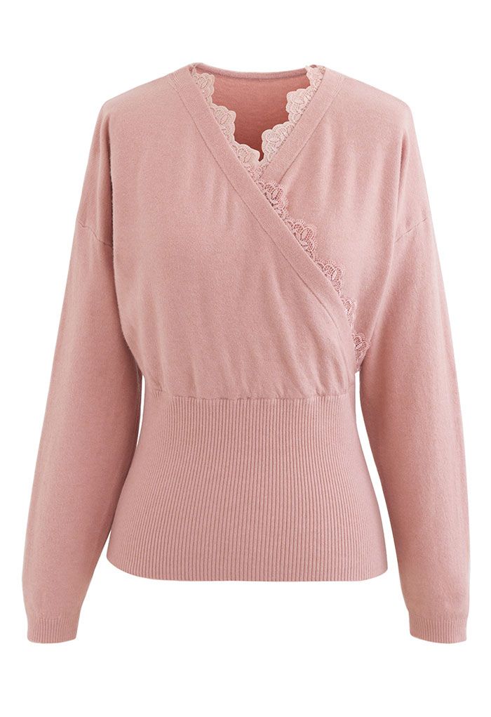 Lacy Edge Wrap Knit Top in Pink