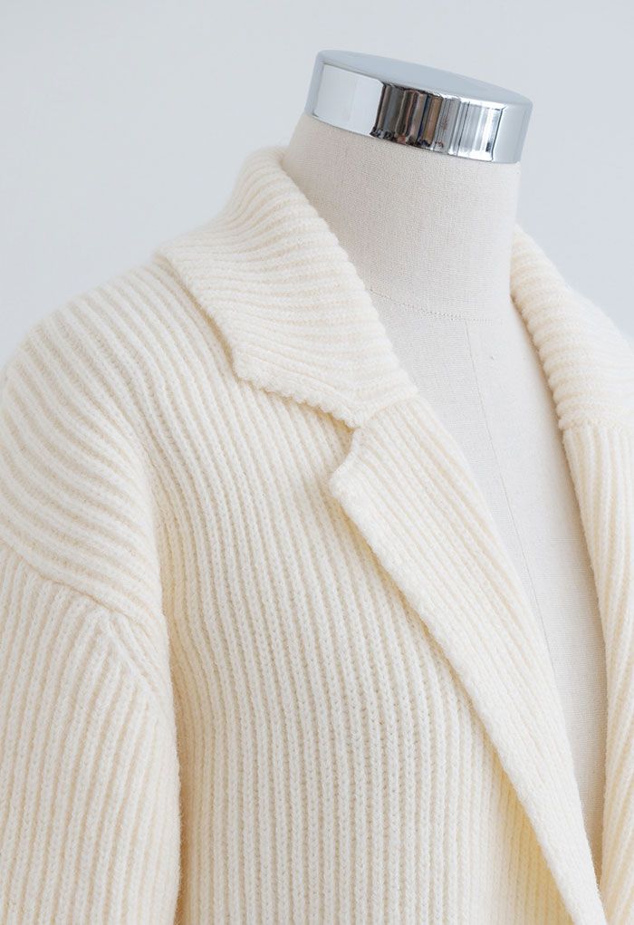 Classic Lapel Ribbed Knit Longline Cardigan in Cream
