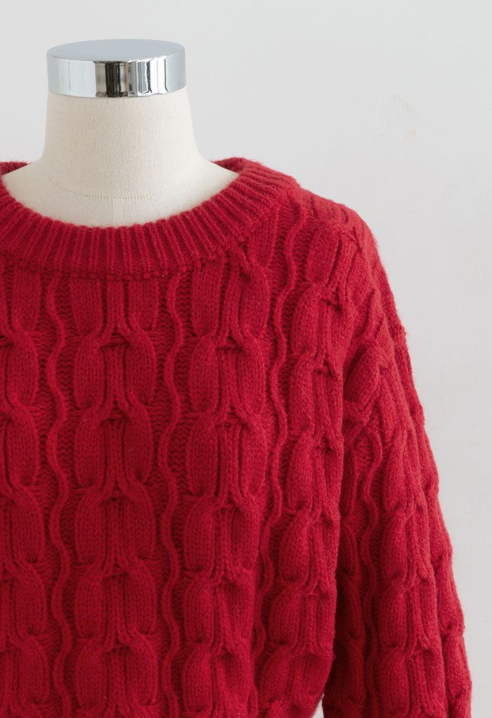 Tie-Knot Back Cable Knit Crop Sweater in Red