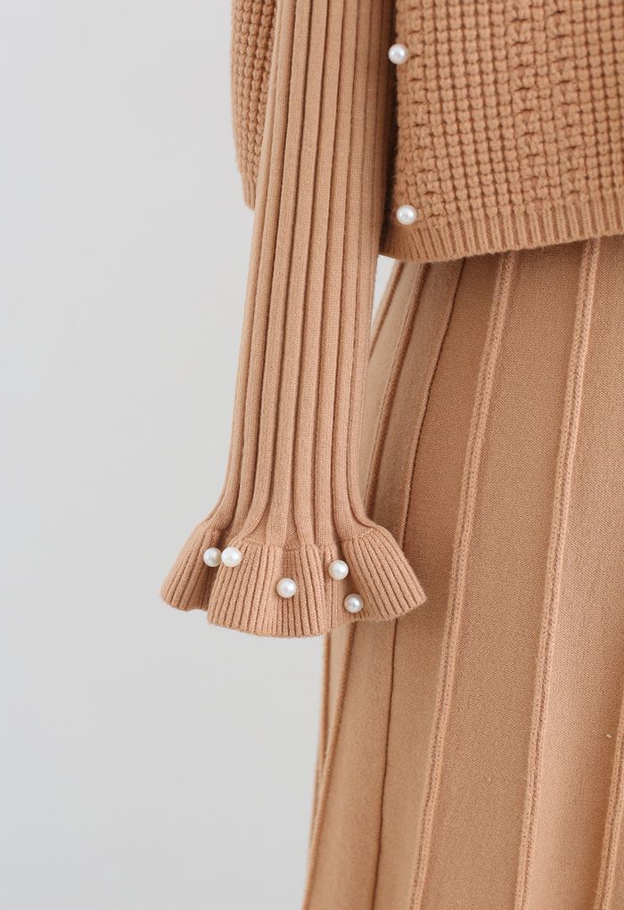Pearl Trim Pleated Knit Twinset Dress in Apricot