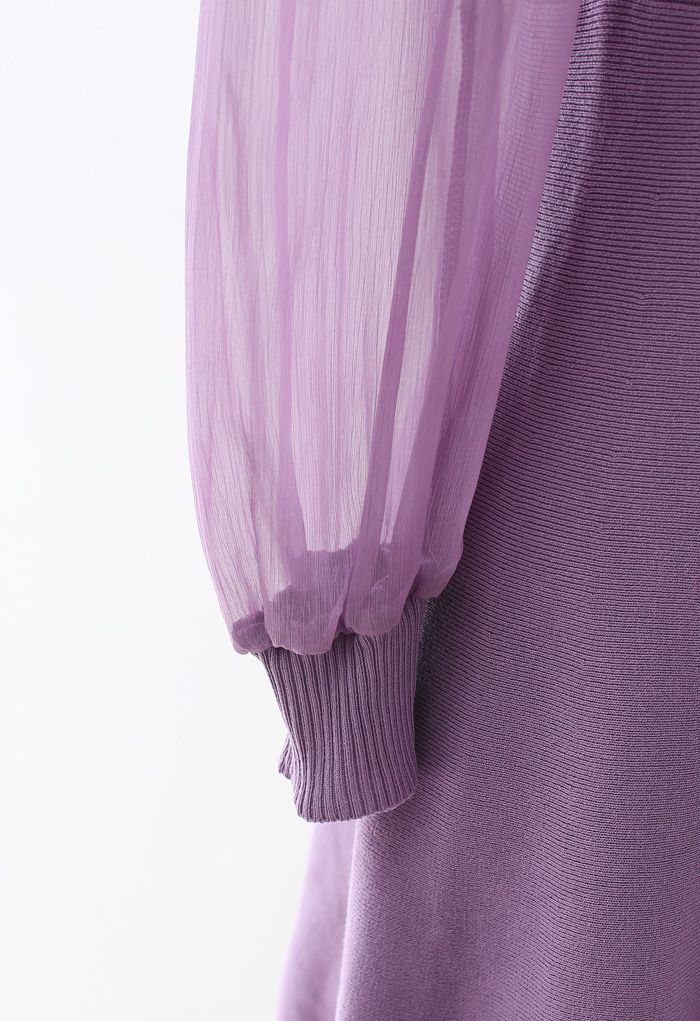 Sheer Sleeves Button Trim Ruched Knit Dress in Lilac