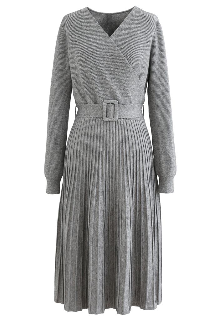 Belted Wrap Rib Knit Midi Dress in Grey