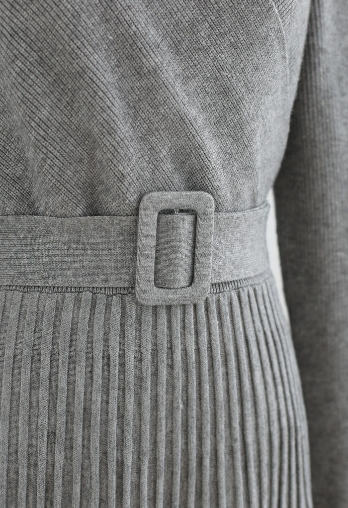 Belted Wrap Rib Knit Midi Dress in Grey