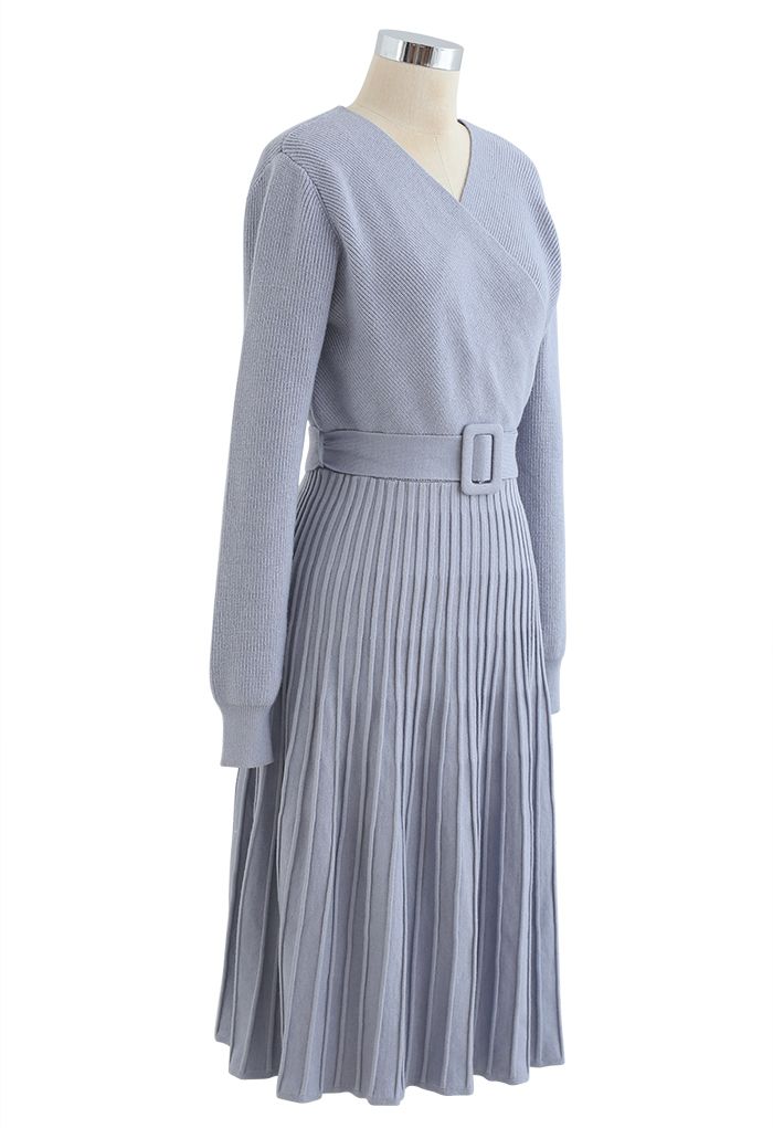 Belted Wrap Rib Knit Midi Dress in Dusty Blue