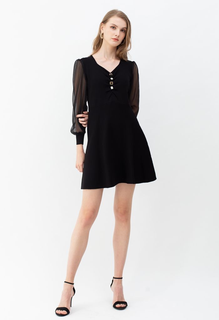 Sheer Sleeves Button Trim Ruched Knit Dress in Black