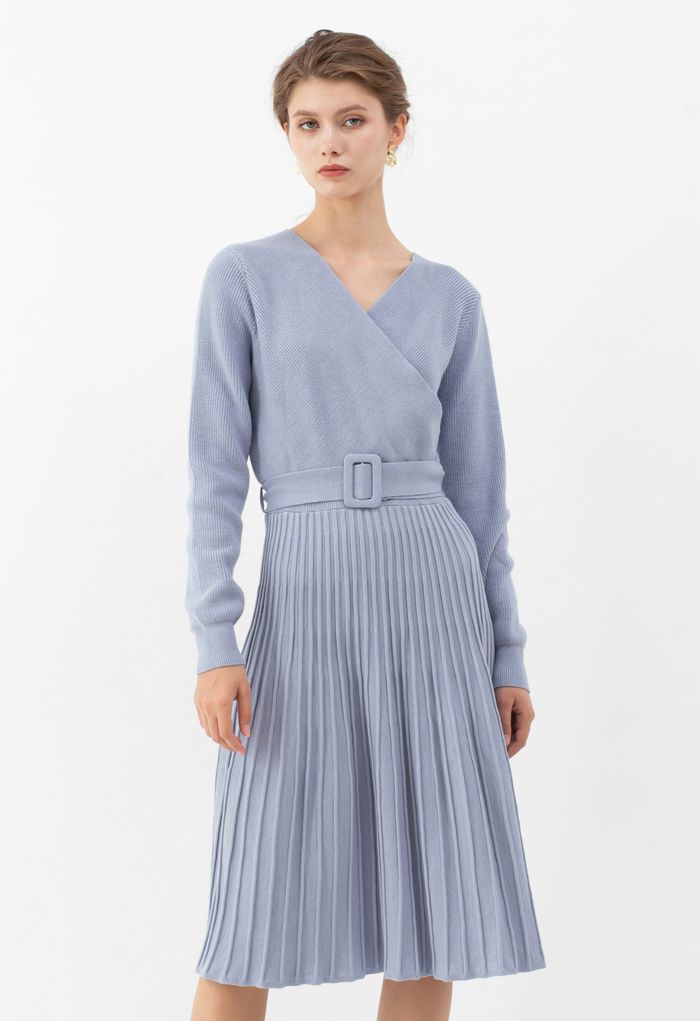 Belted Wrap Rib Knit Midi Dress in Dusty Blue