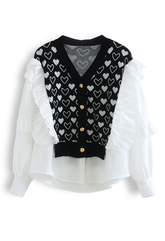 Ruffle Chiffon Sleeves Heart Print Knit Spliced Top in Black