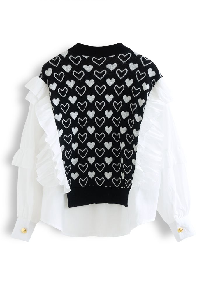 Ruffle Chiffon Sleeves Heart Print Knit Spliced Top in Black