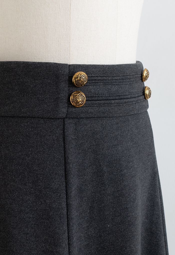 Buttoned Waist Wool-Blend Flare Skirt in Smoke