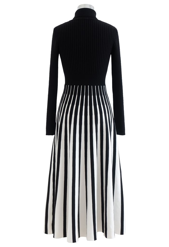 Stripe Print Turtleneck Knit Midi Dress