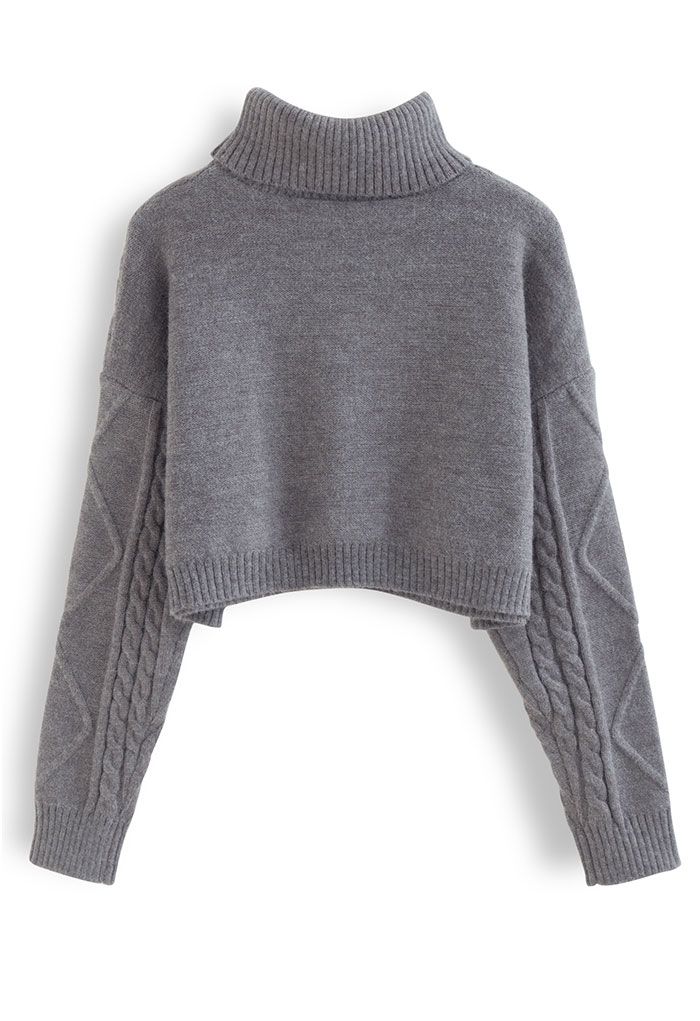 Cropped Turtleneck Cable Knit Sweater in Grey