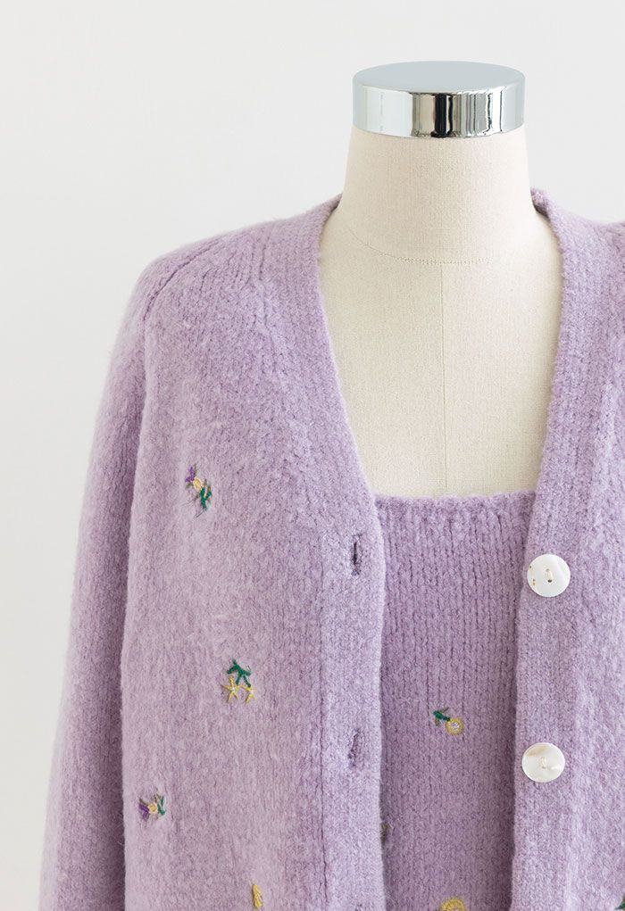 Embroidered Posy Cami Top and Cardigan Set in Lilac