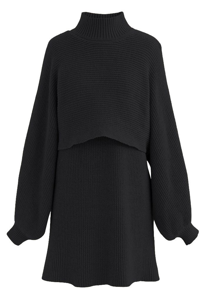 Mock Neck Crop Sweater and Sleeveless Knit Dress Set in Black