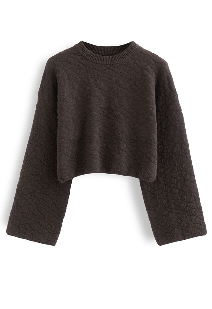Embossing Texture Flare Sleeve Crop Knit Sweater in Brown
