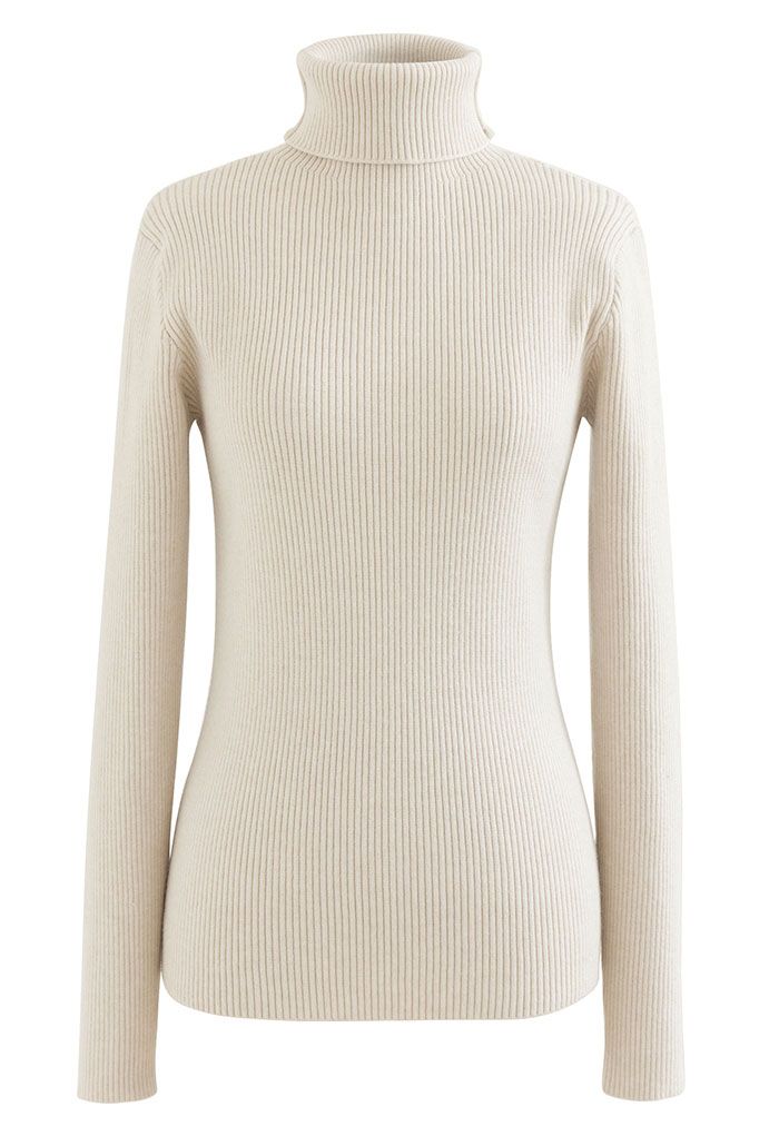 Turtleneck Long Sleeve Ribbed Knit Top in Ivory