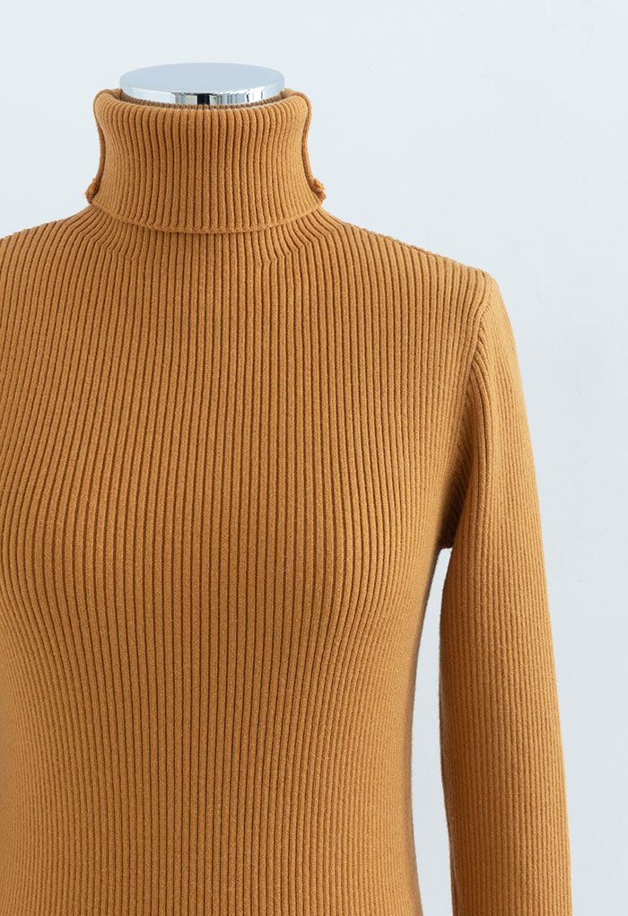 Turtleneck Long Sleeve Ribbed Knit Top in Pumpkin