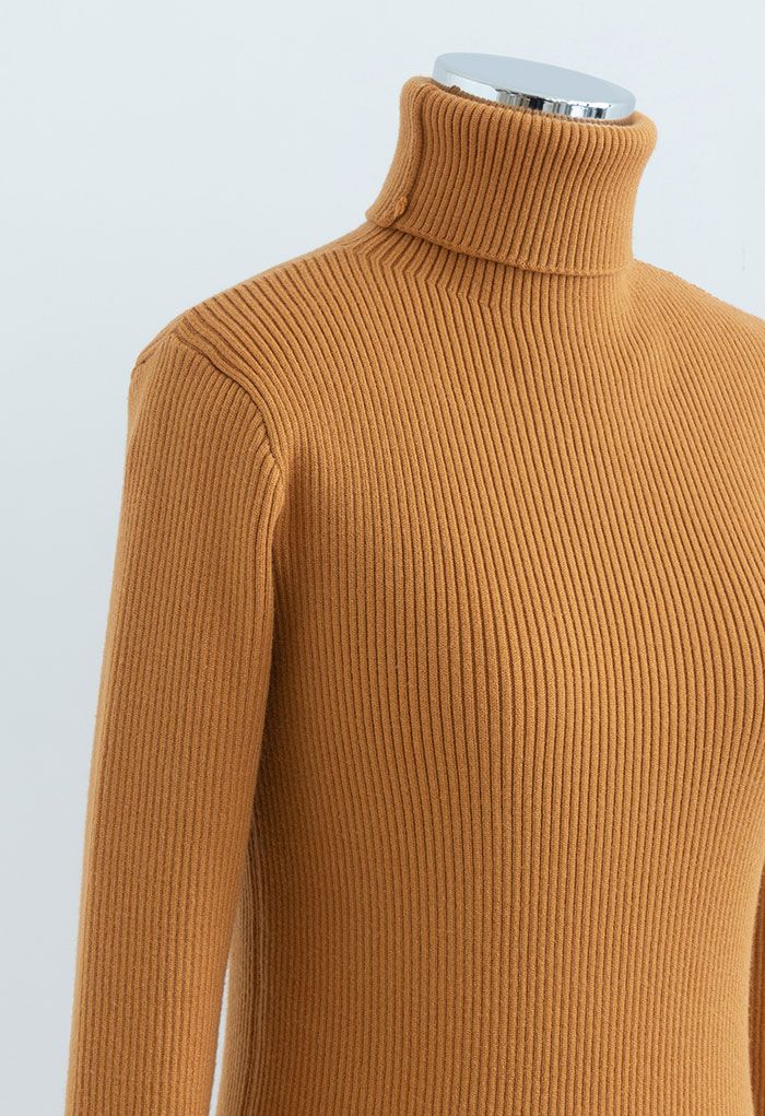 Turtleneck Long Sleeve Ribbed Knit Top in Pumpkin