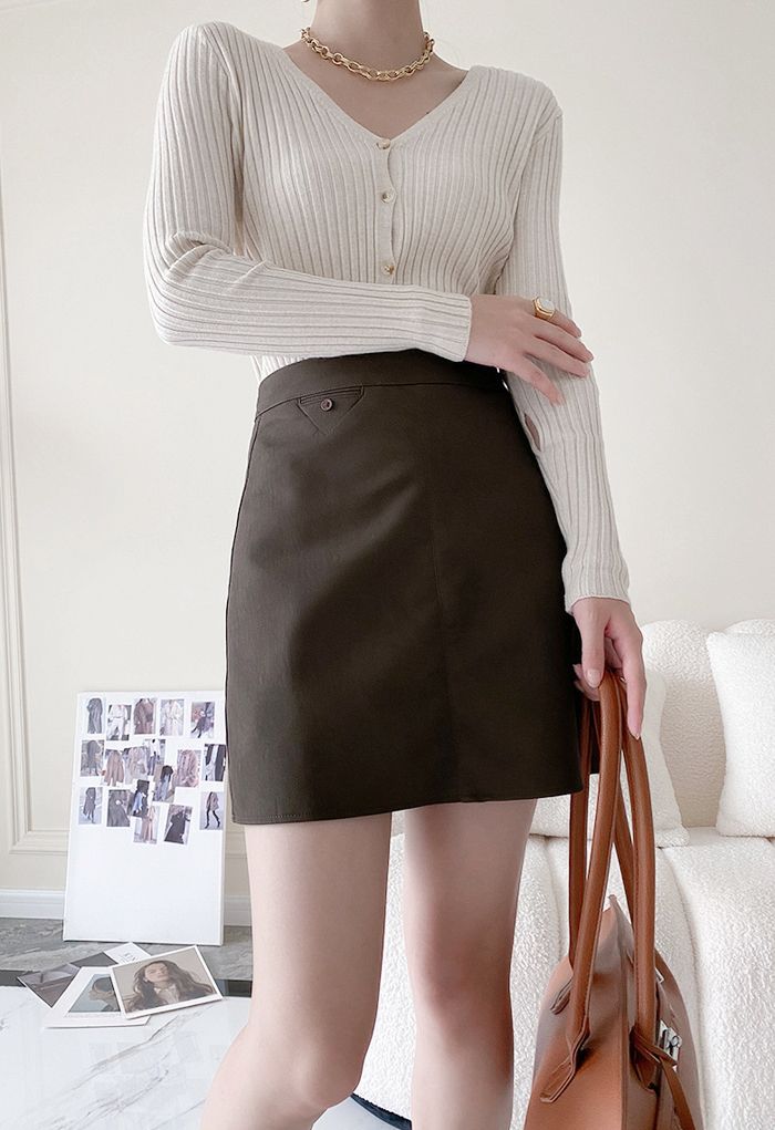 Textured Faux Leather Mini Bud Skirt in Brown - Retro, Indie and Unique ...