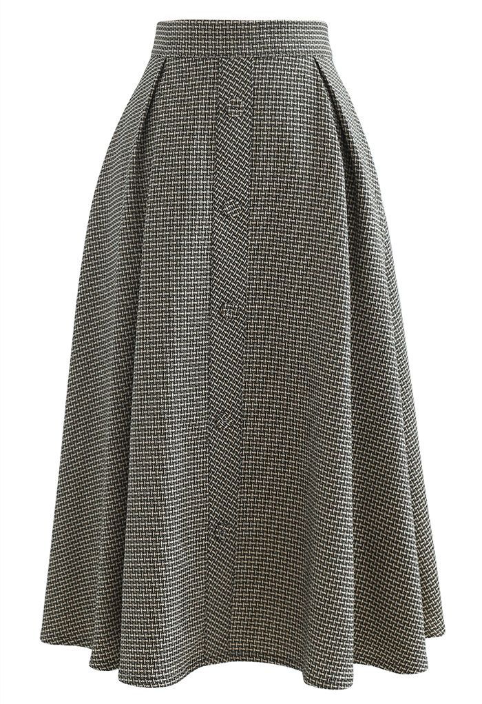 Textured Buttoned Front Pleated Skirt