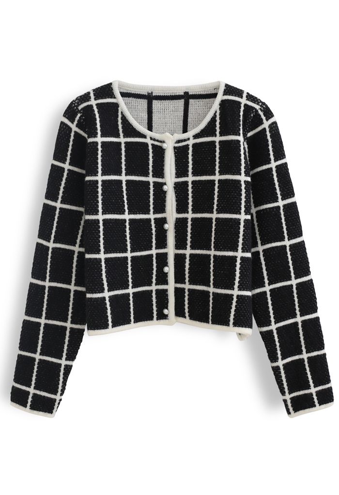 Honeycomb Knit Grid Cropped Cardigan in Black