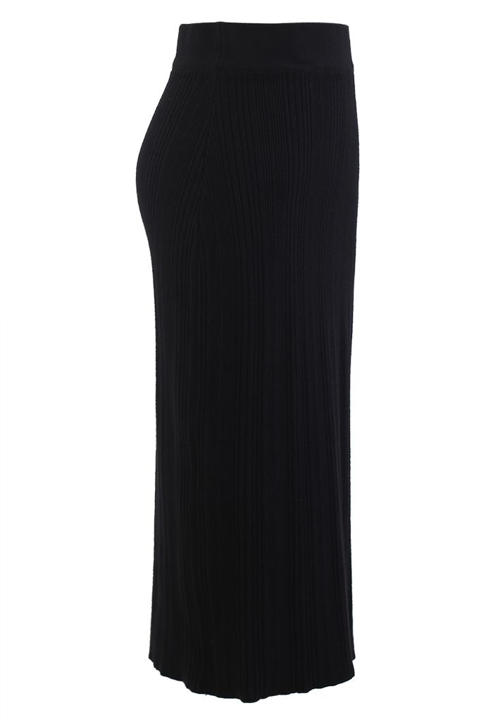 Slit Back Rib-Knit Pencil Skirt in Black