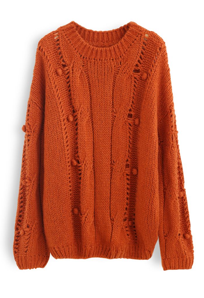 Pom-Pom Eyelet Chunky Knit Sweater in Orange