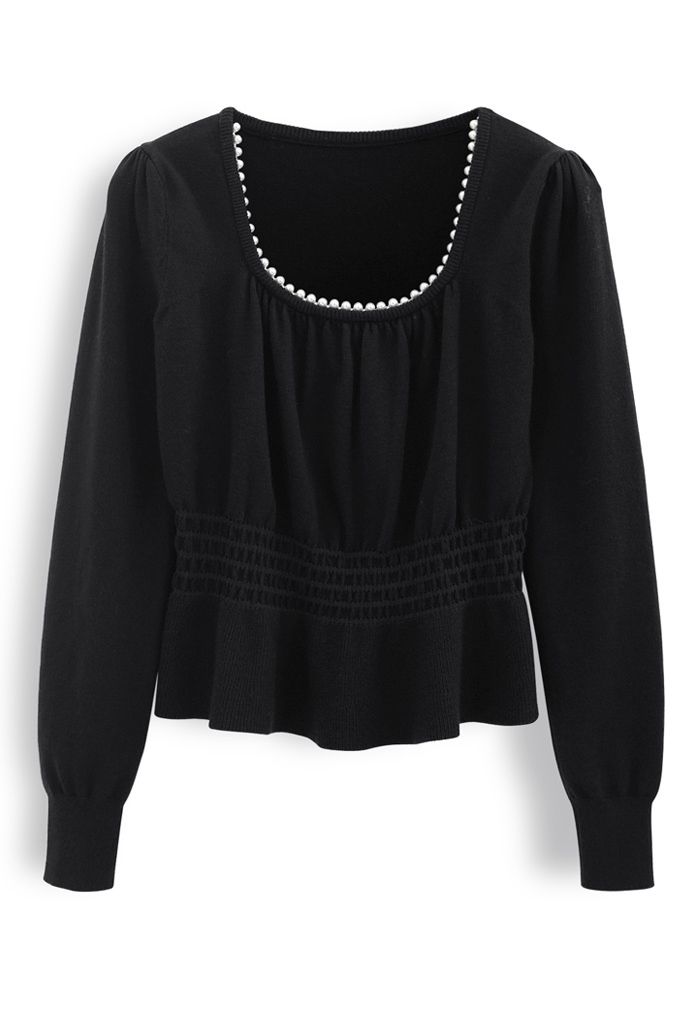 Pearl Square Neck Shirred Peplum Knit Top in Black
