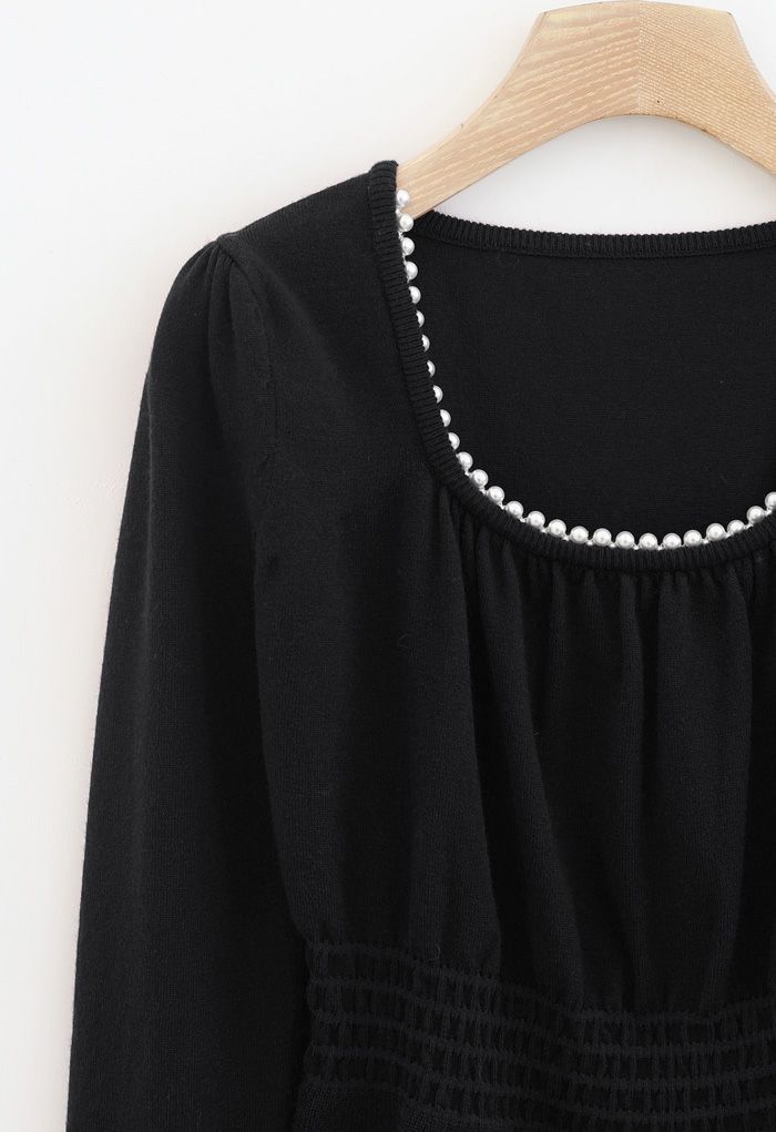 Pearl Square Neck Shirred Peplum Knit Top in Black