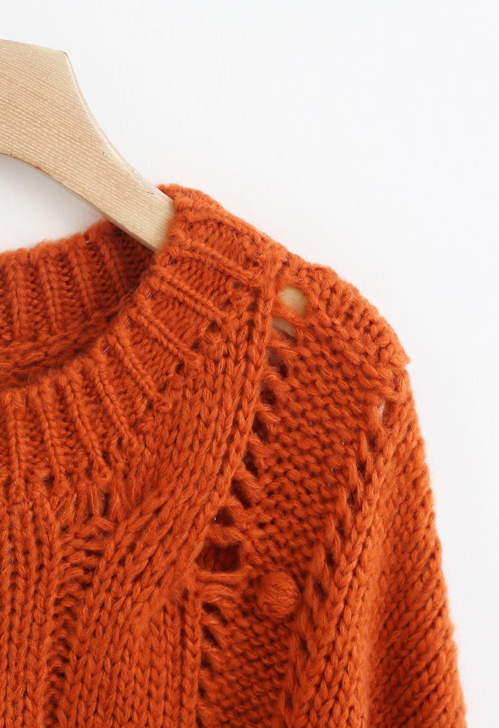 Pom-Pom Eyelet Chunky Knit Sweater in Orange